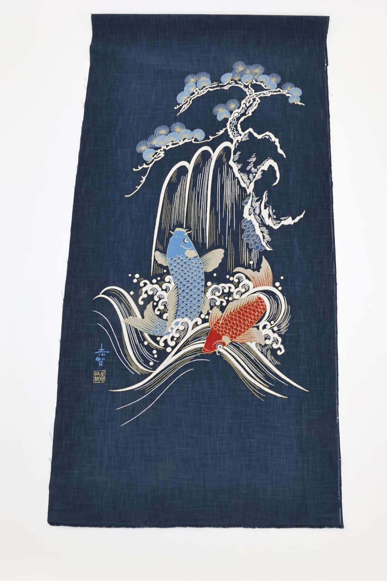 Hand-printed Japanese fabric panel carps and wave