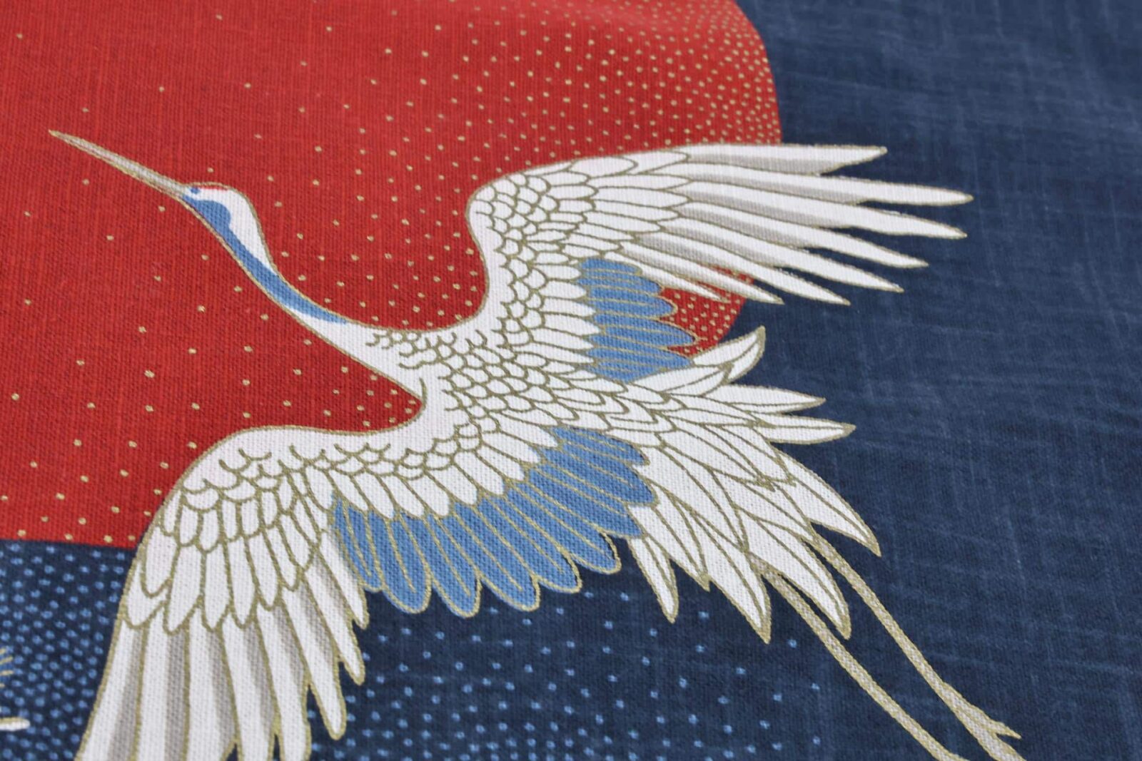 Hand-printed Japanese fabric panel crane and the sun