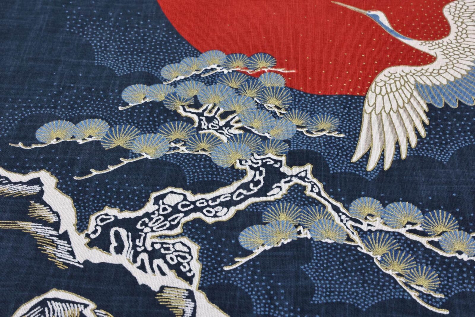 Hand-printed Japanese fabric panel crane and the sun