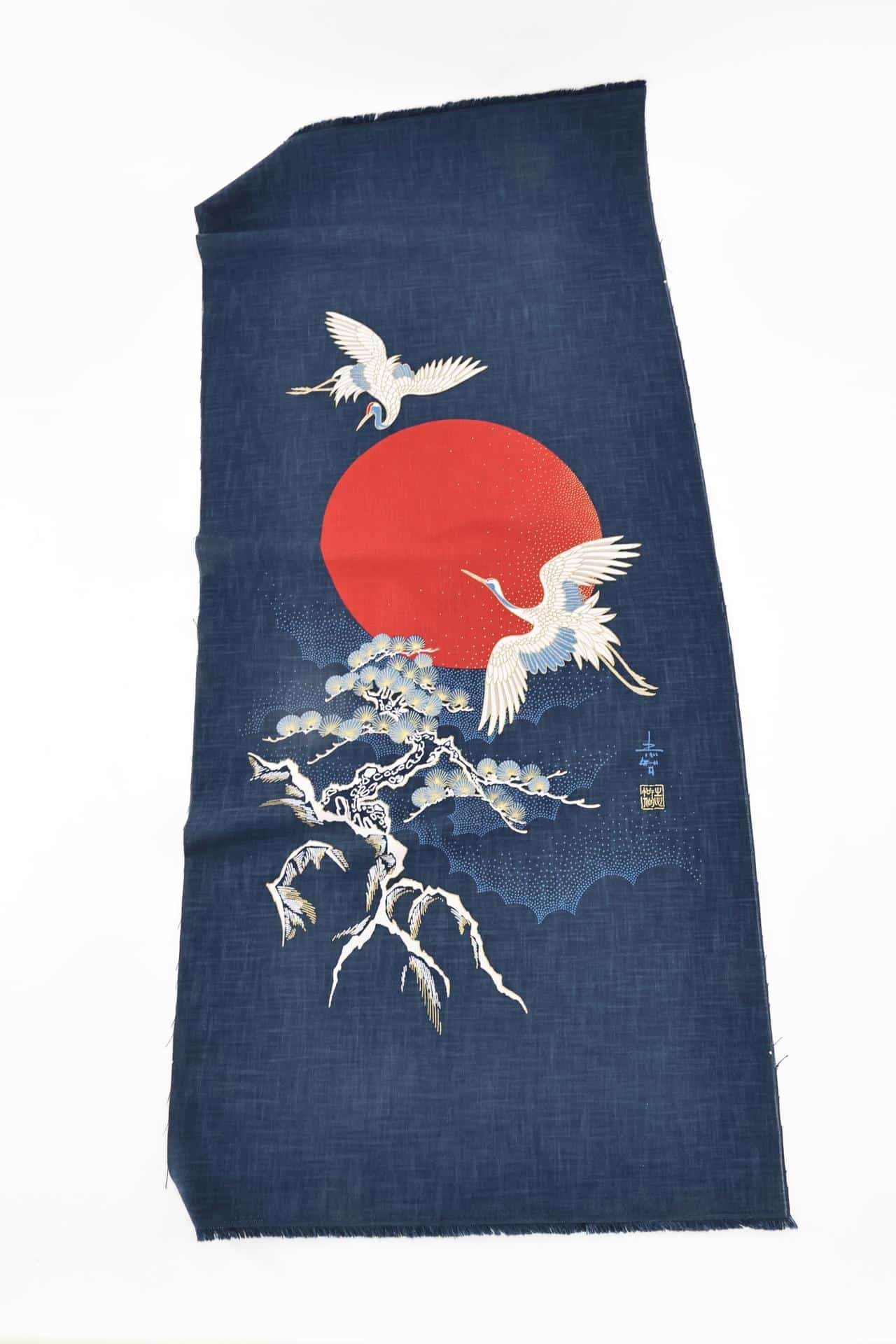 Hand-printed Japanese fabric panel crane and the sun