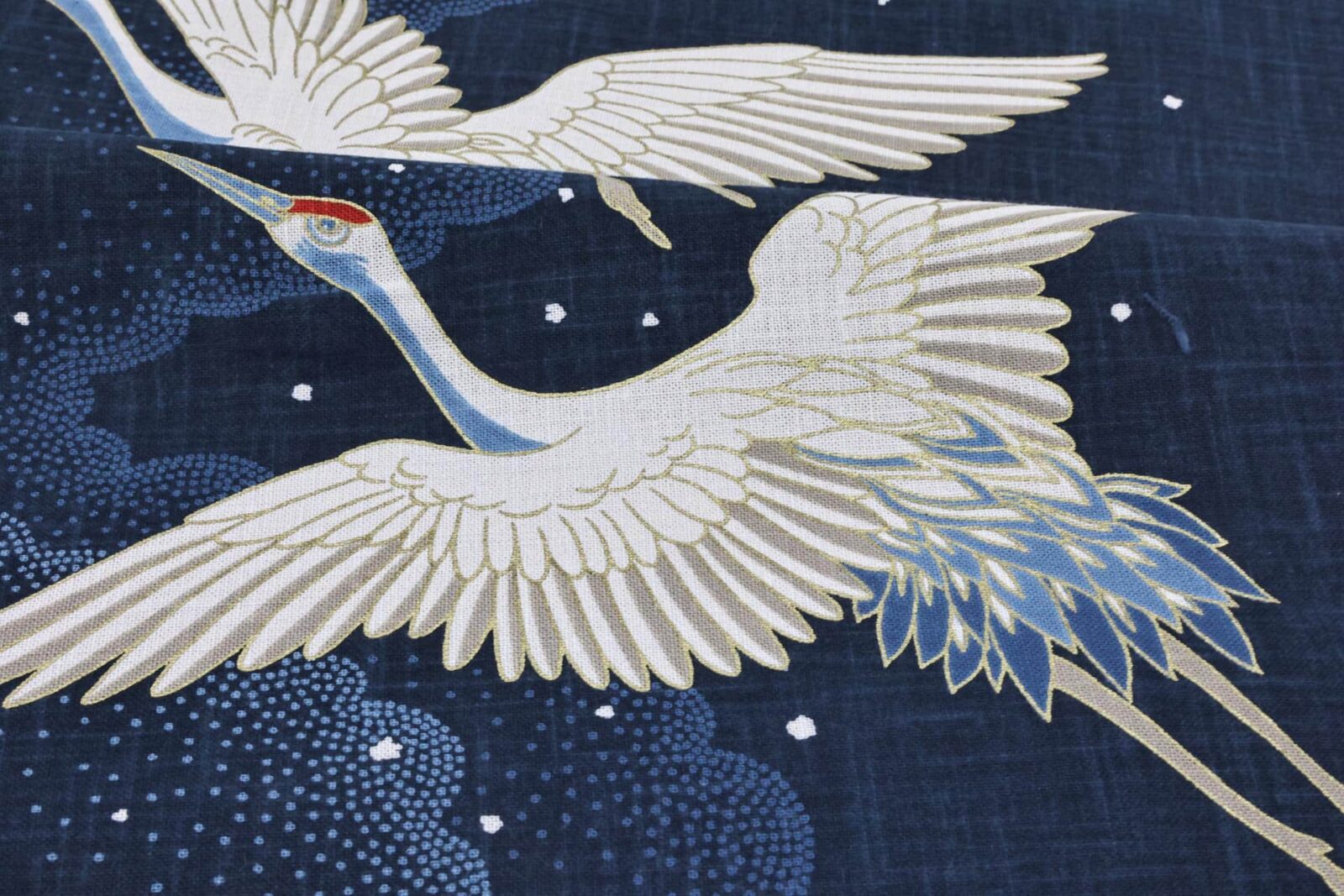 Hand-printed Japanese fabric panel cranes and cloud
