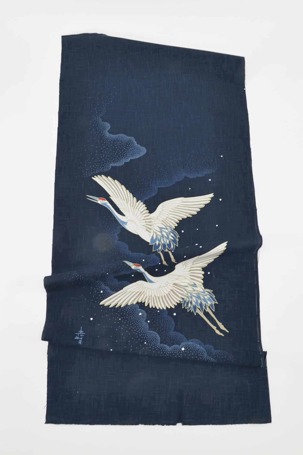 Hand-printed Japanese fabric panel cranes and cloud