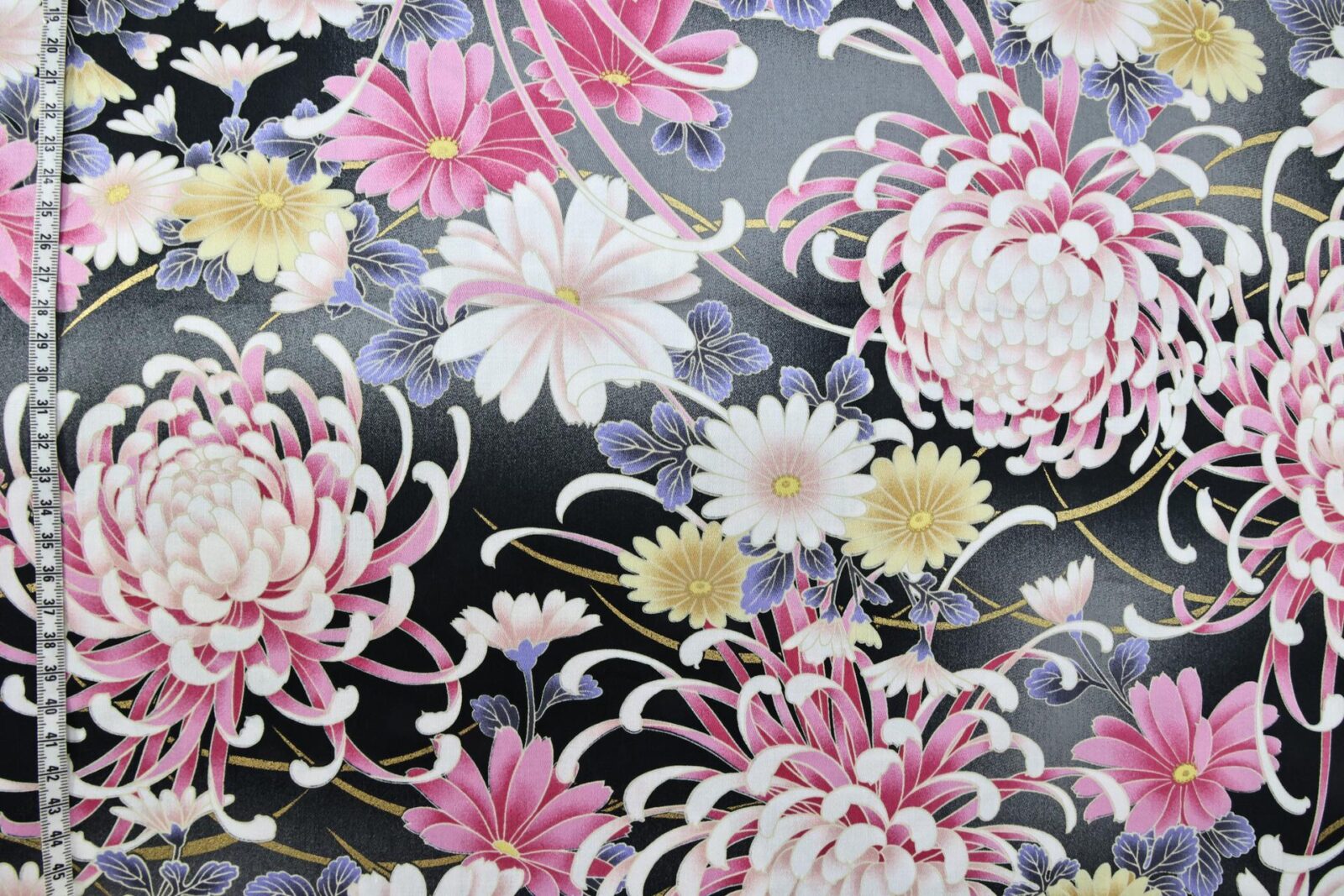 Japanese cotton satin fabric chrysanthemum Matsu black background