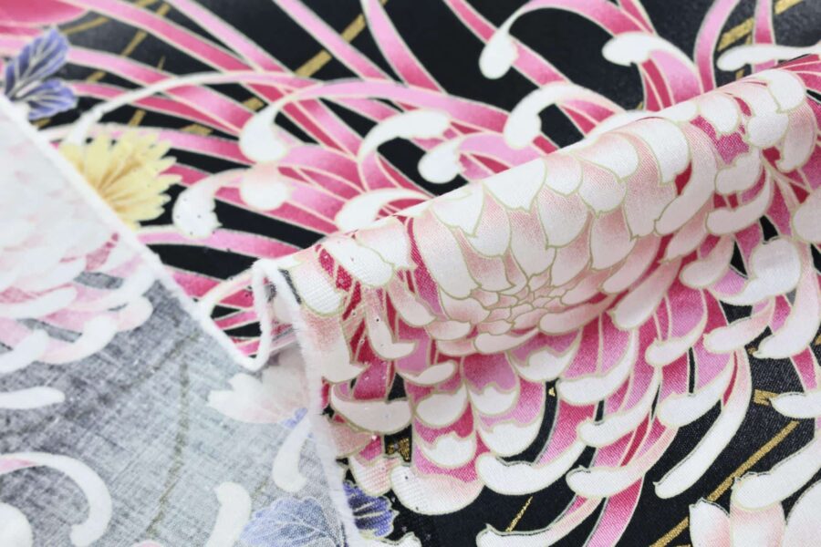 Japanese cotton satin fabric chrysanthemum Matsu black background