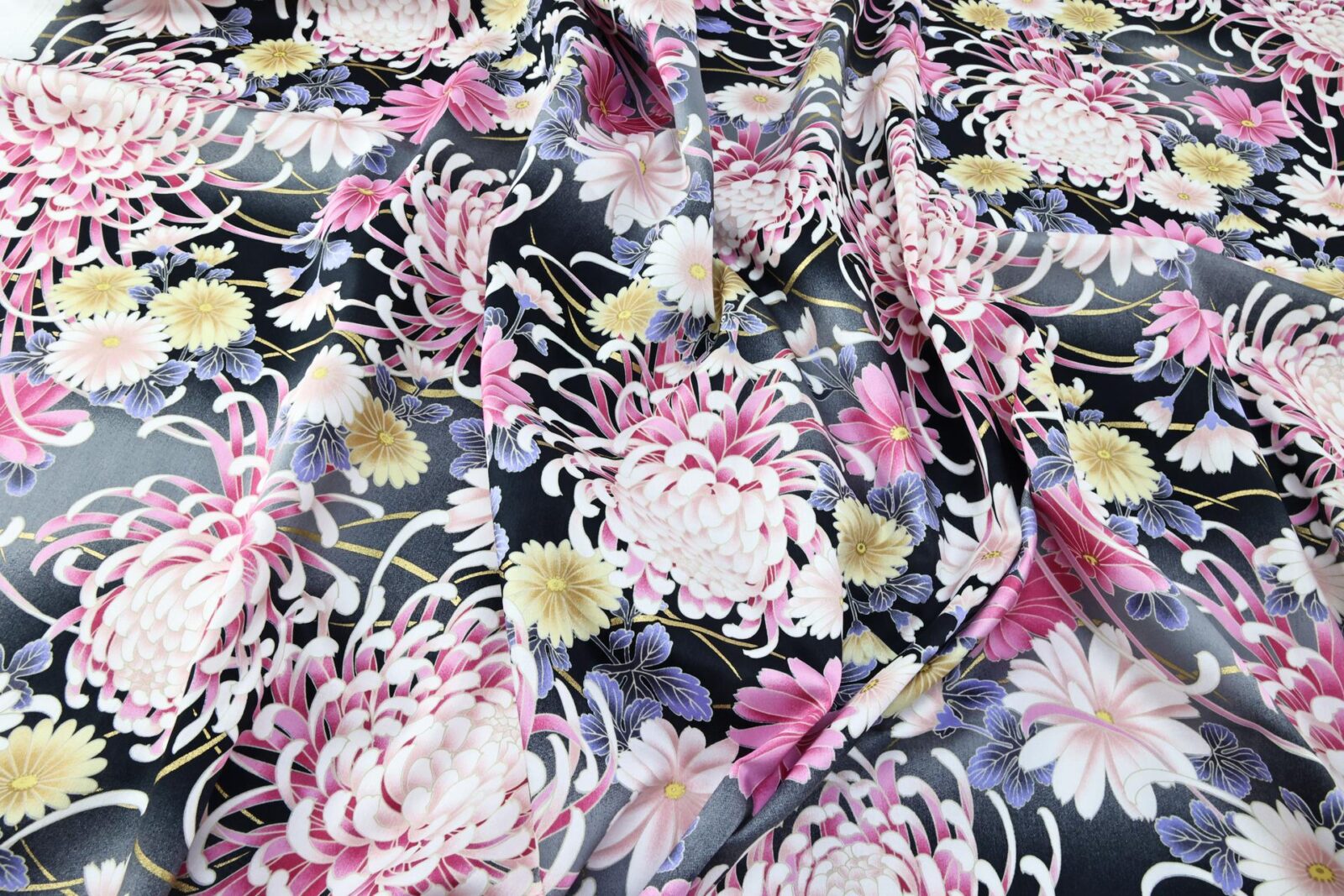 Japanese cotton satin fabric chrysanthemum Matsu black background