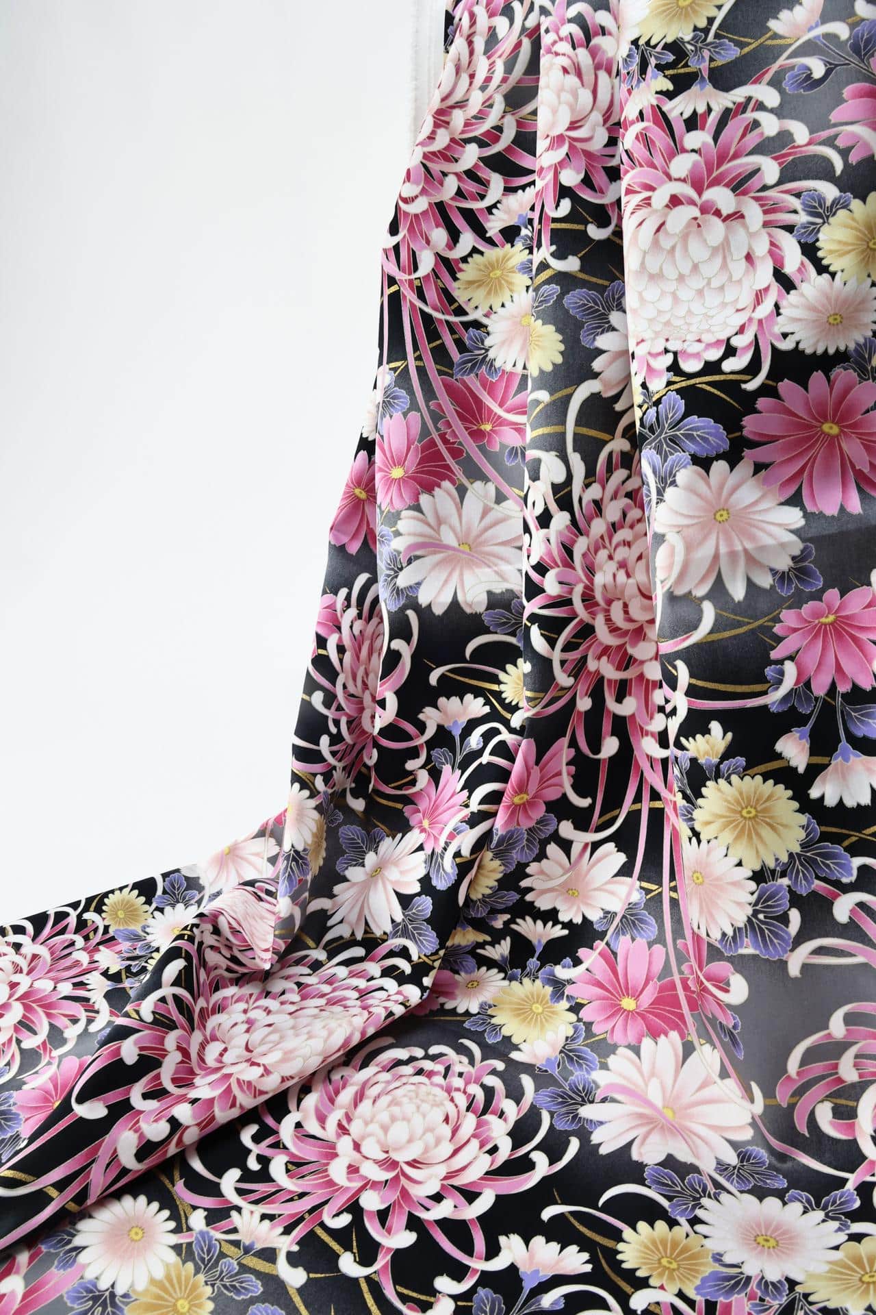Japanese cotton satin fabric chrysanthemum Matsu black background
