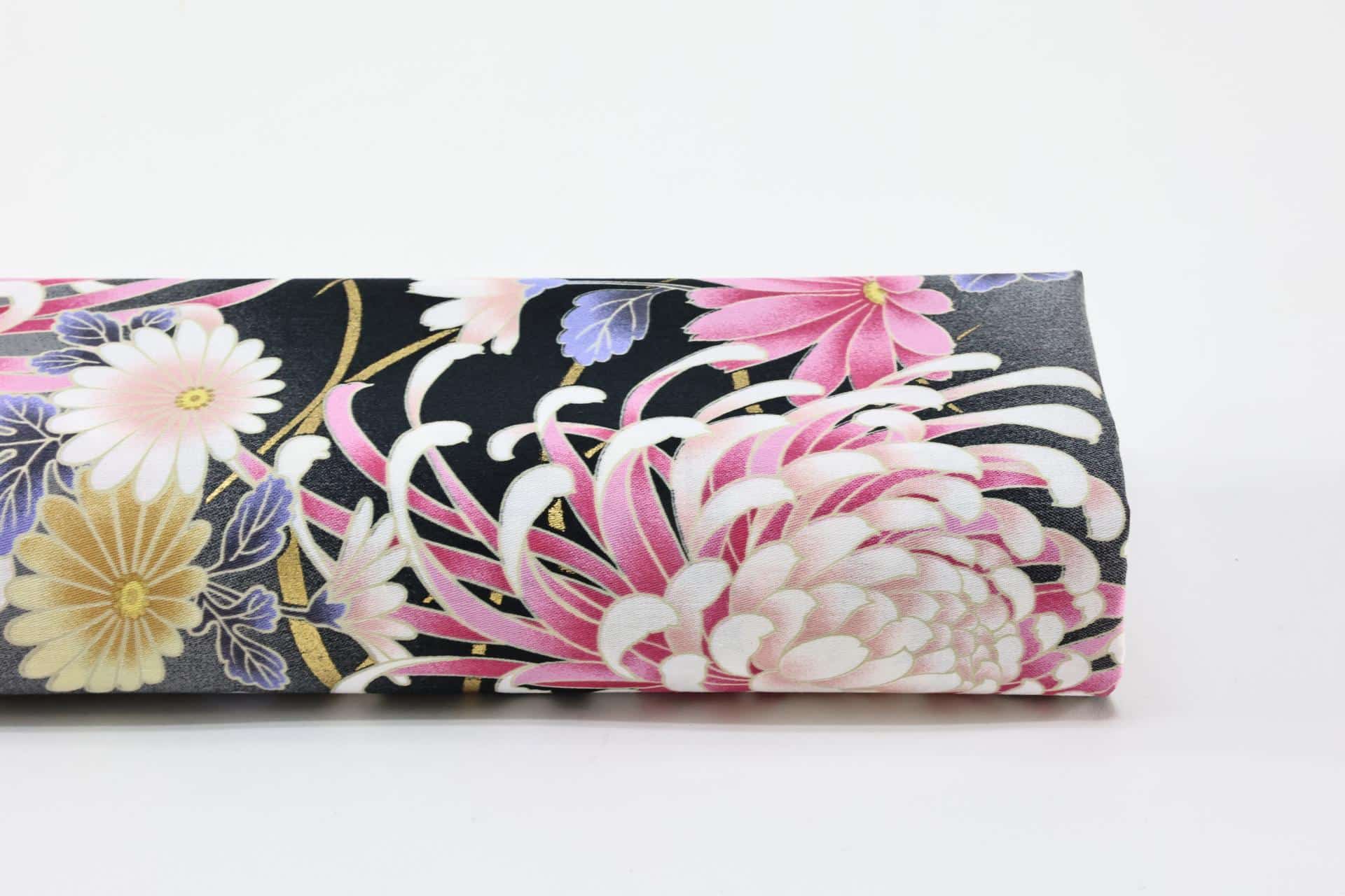 Japanese cotton satin fabric chrysanthemum Matsu black background