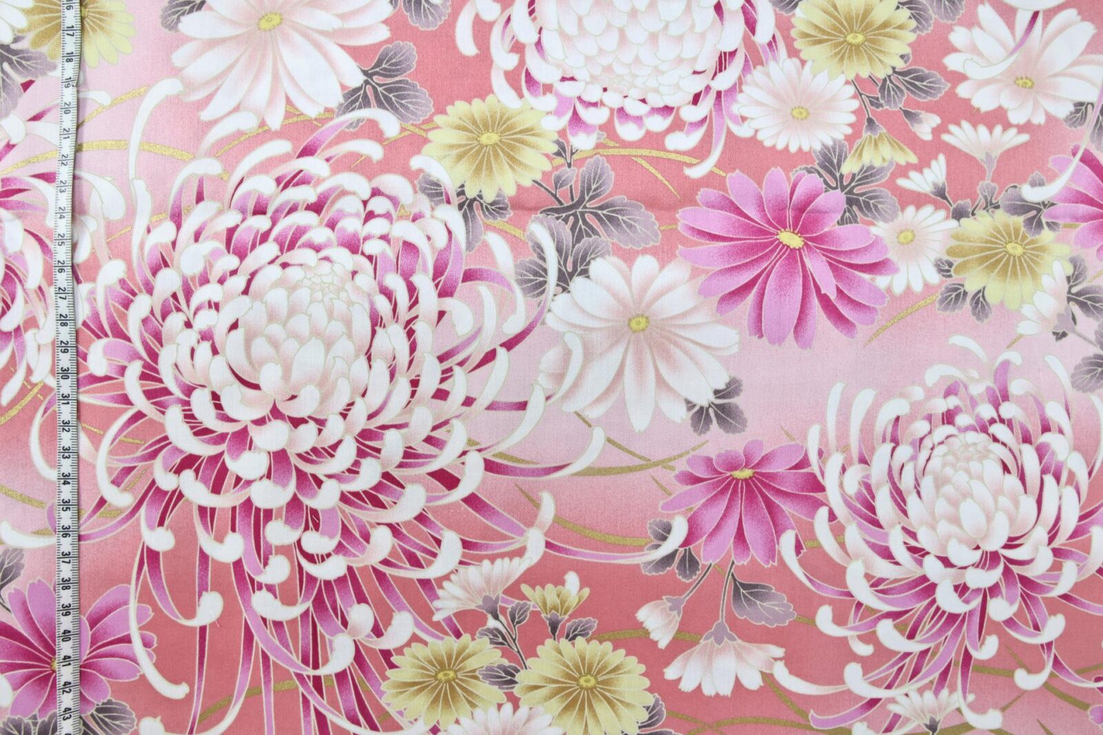 Japanese cotton satin fabric chrysanthemum Matsu pink background