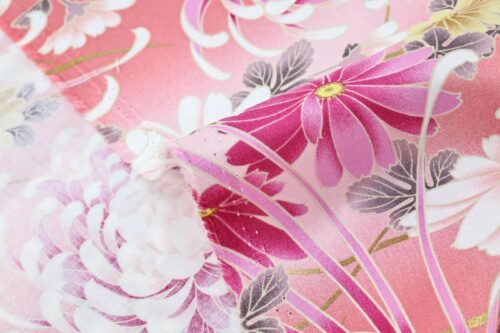 Japanese cotton satin fabric chrysanthemum Matsu pink background