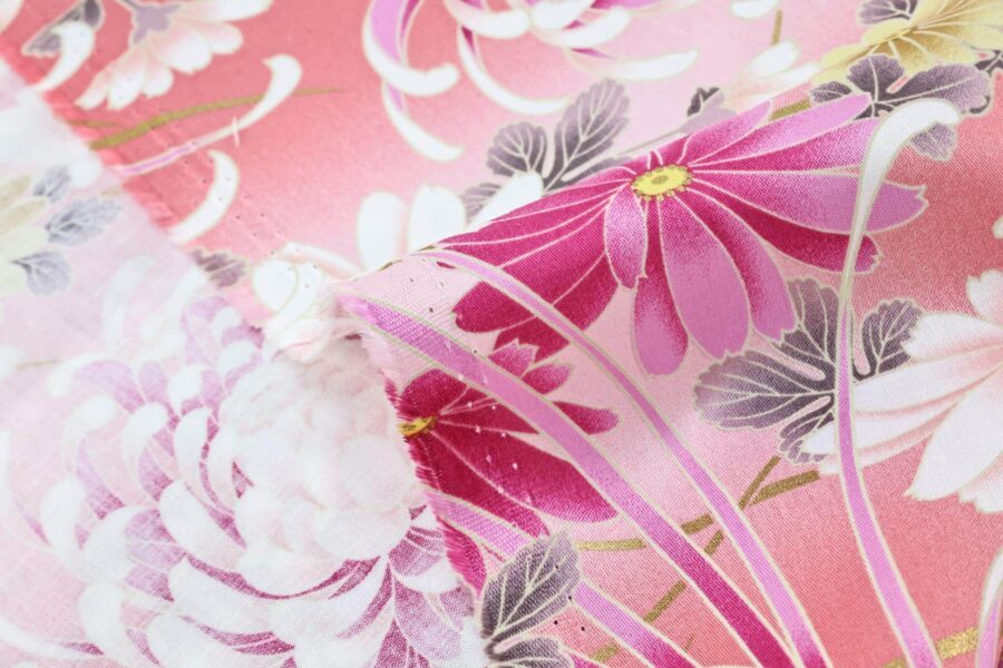 Japanese cotton satin fabric chrysanthemum Matsu pink background
