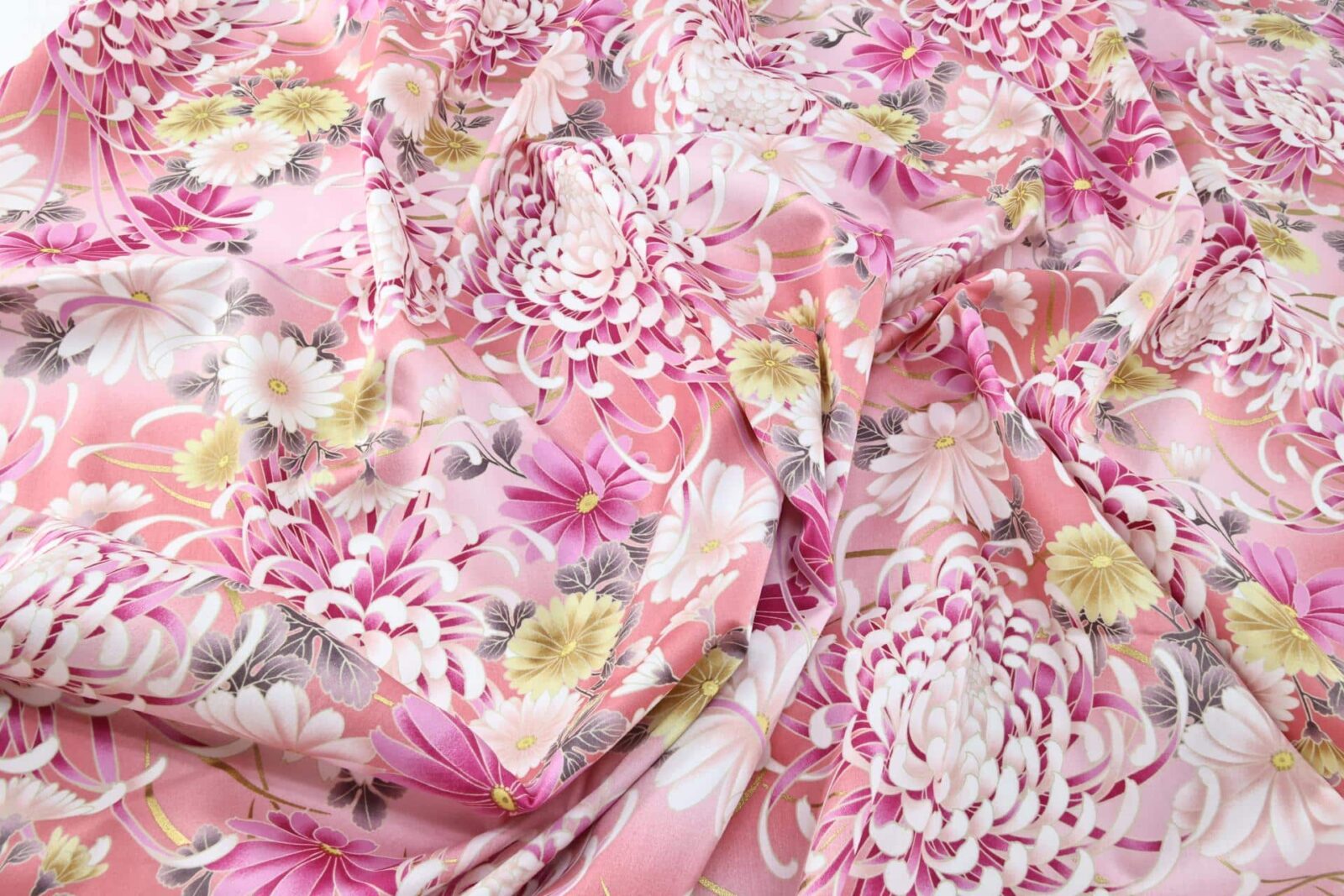 Japanese cotton satin fabric chrysanthemum Matsu pink background
