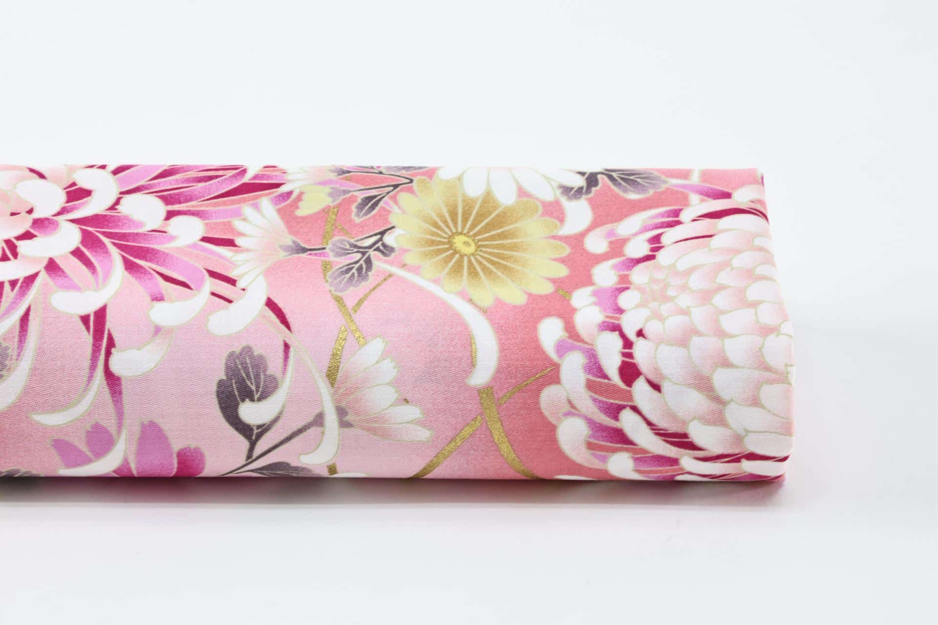 Japanese cotton satin fabric chrysanthemum Matsu pink background