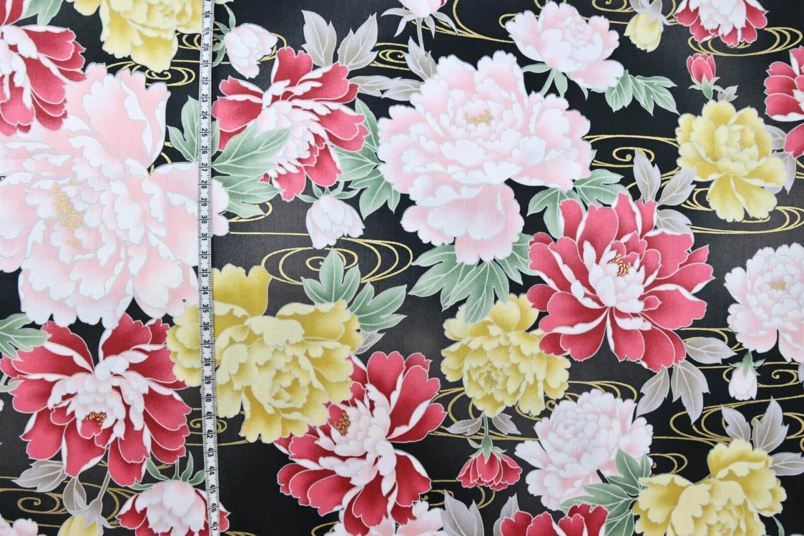 Japanese cotton satin fabric peonies Kawa black background