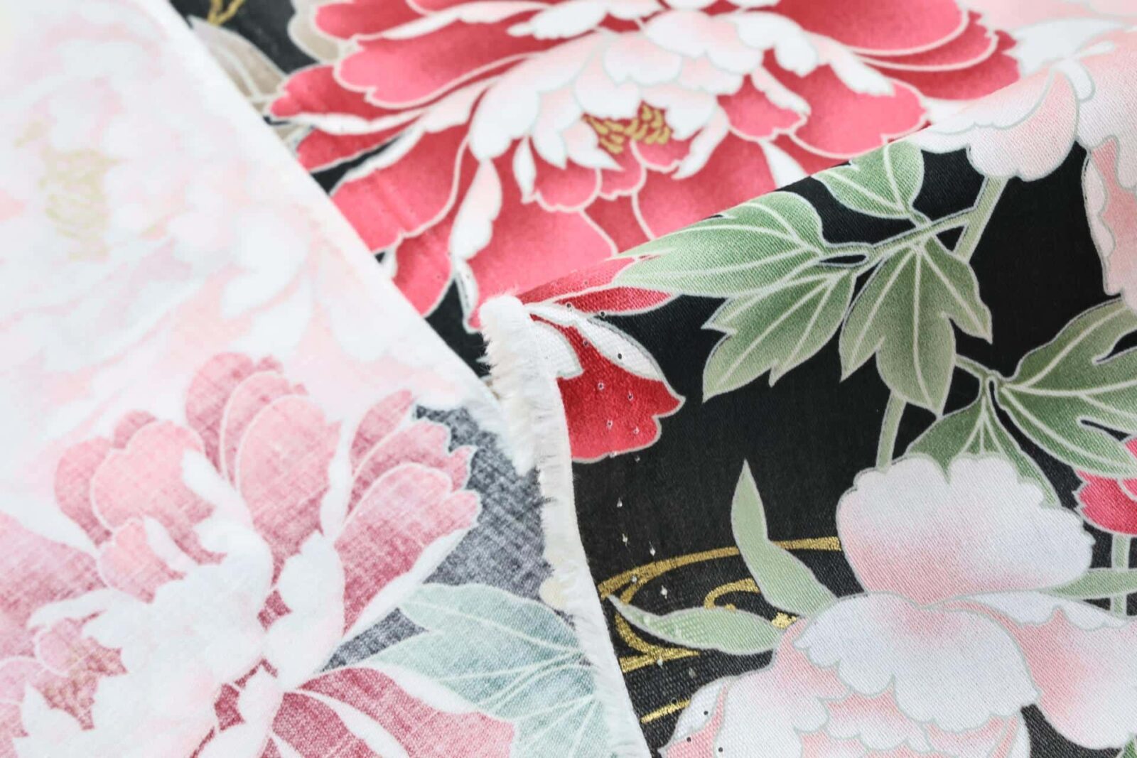Japanese cotton satin fabric peonies Kawa black background