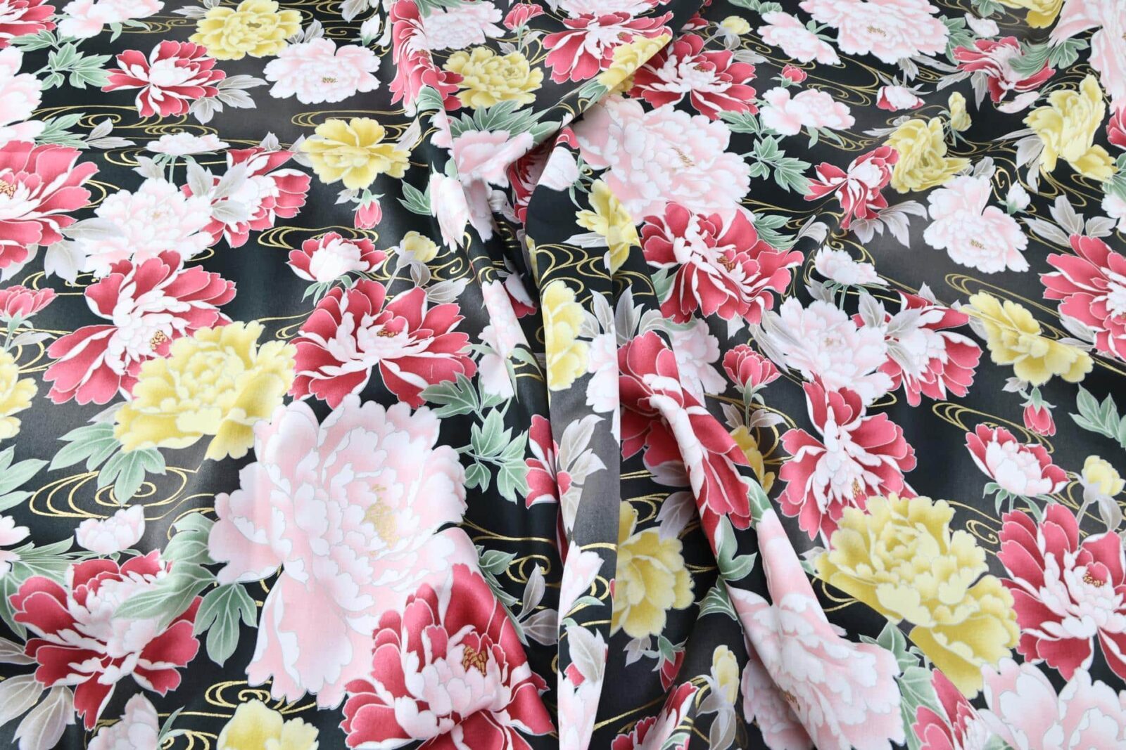 Japanese cotton satin fabric peonies Kawa black background