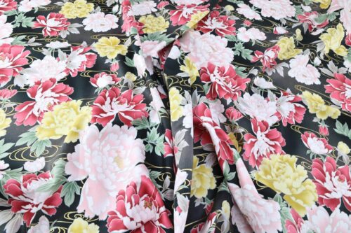 Japanese cotton satin fabric peonies Kawa black background
