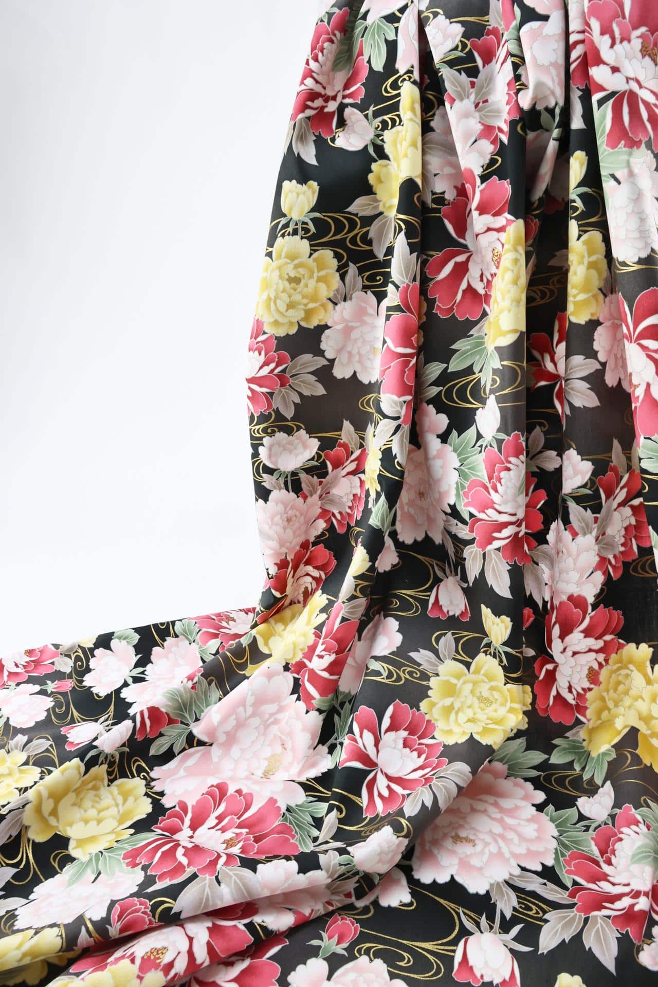 Japanese cotton satin fabric peonies Kawa black background