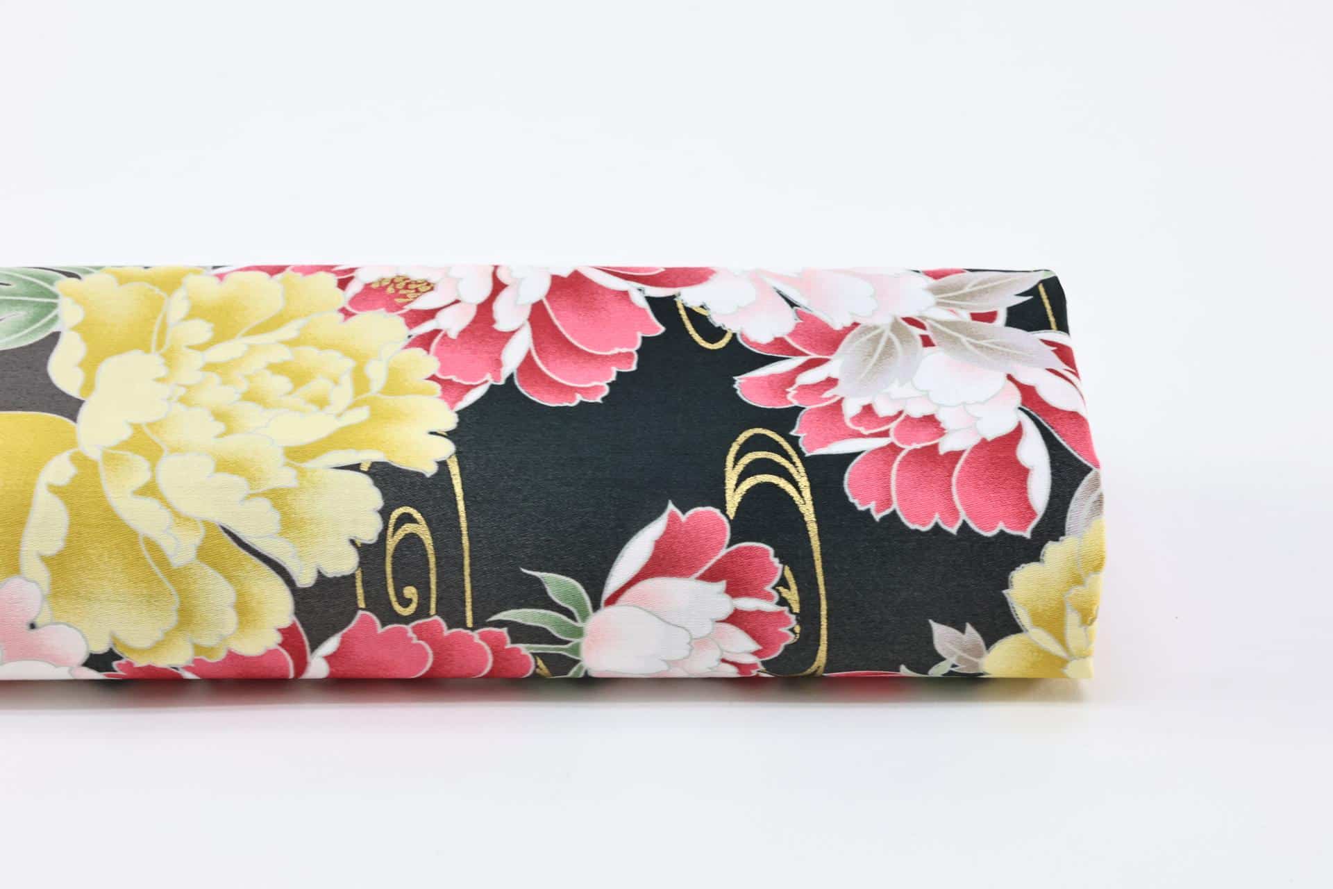 Japanese cotton satin fabric peonies Kawa black background