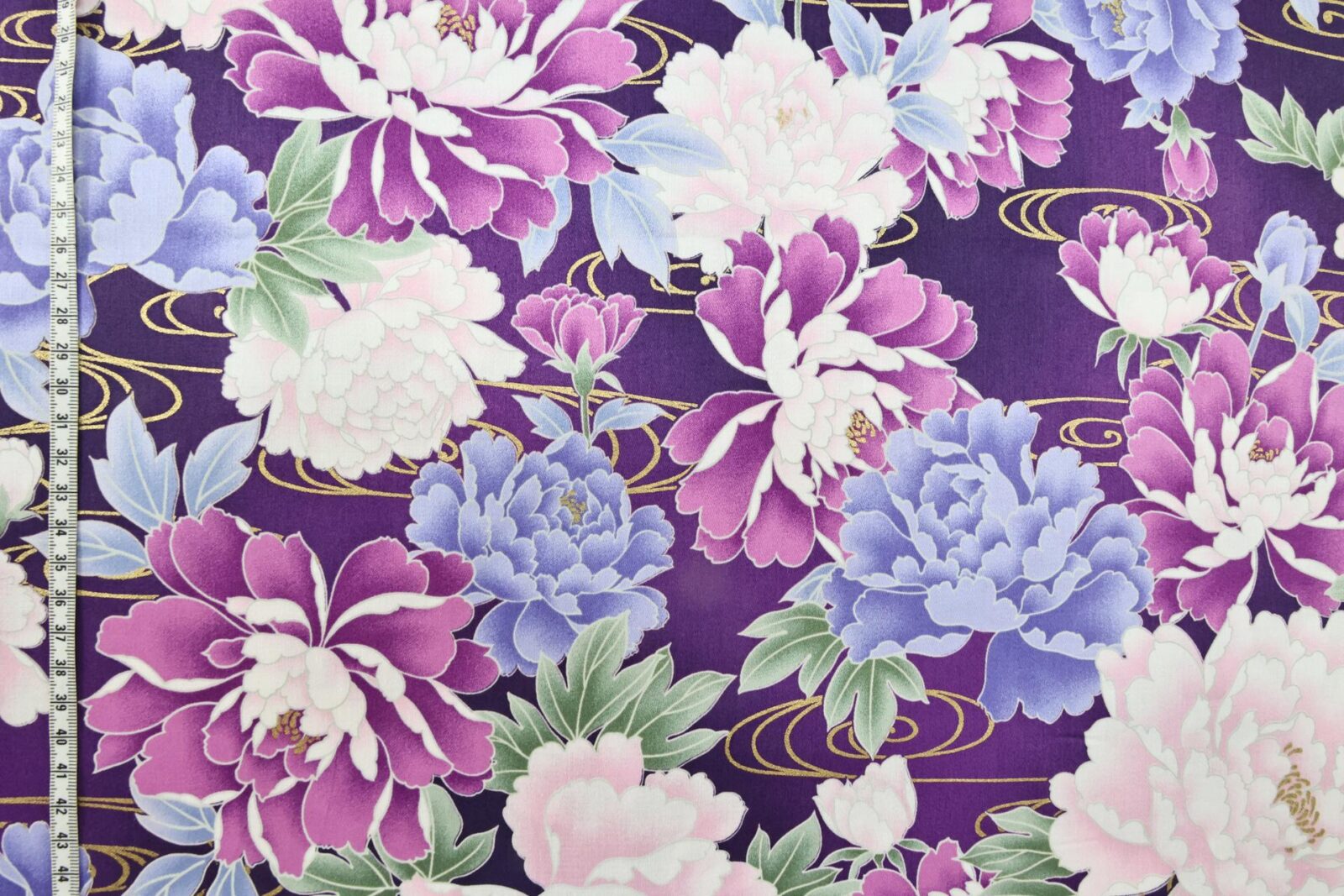 Japanese cotton satin fabric peonies Kawa purple background