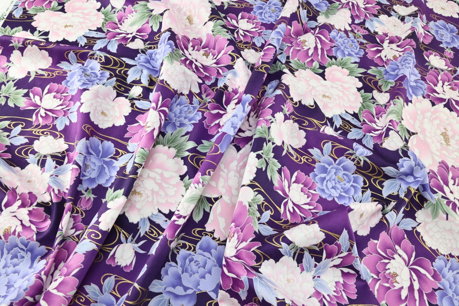 Japanese cotton satin fabric peonies Kawa purple background