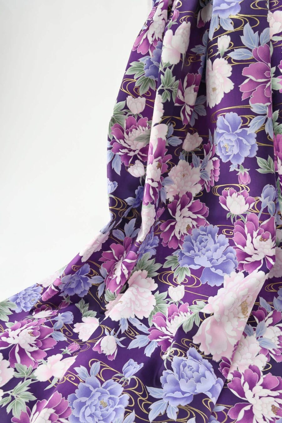Japanese cotton satin fabric peonies Kawa purple background