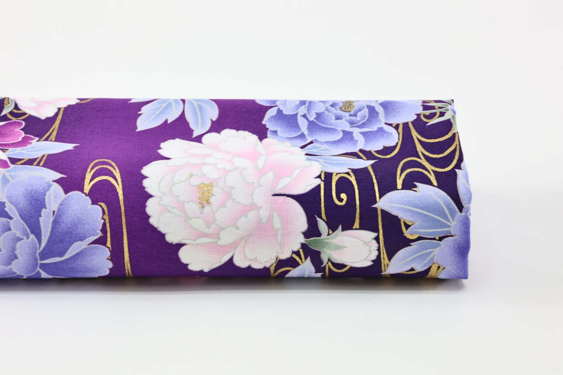 Japanese cotton satin fabric peonies Kawa purple background