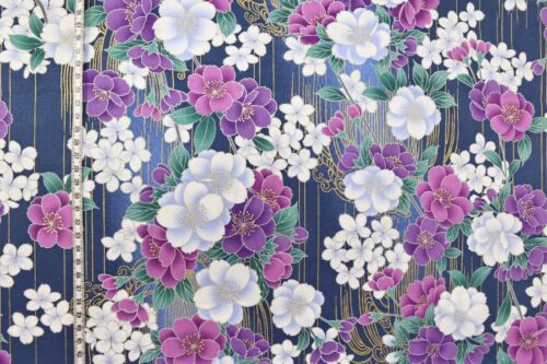 Japanese fabric golden sakura bouquets blue background