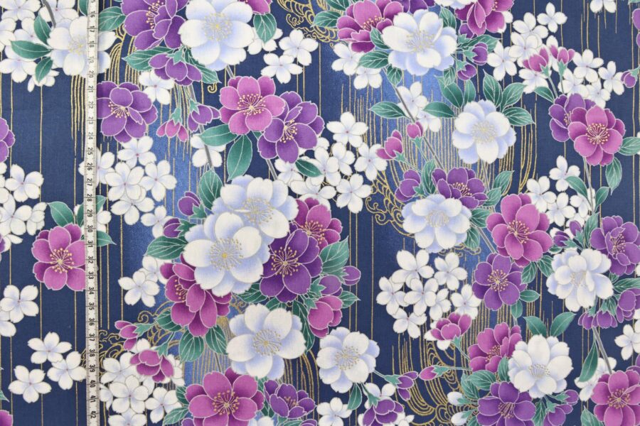 Japanese fabric golden sakura bouquets blue background