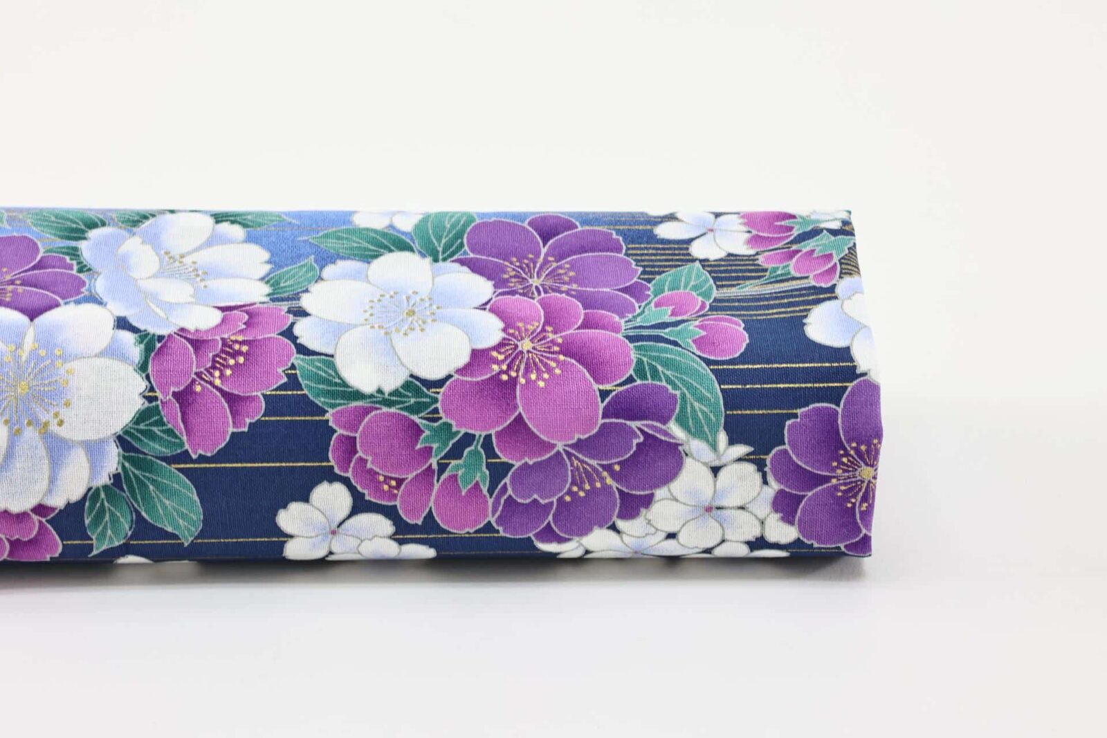 Japanese fabric golden sakura bouquets blue background