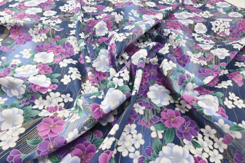Japanese fabric golden sakura bouquets blue background