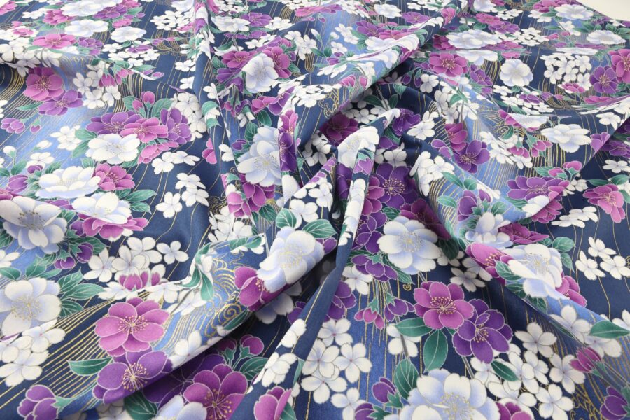 Japanese fabric golden sakura bouquets blue background