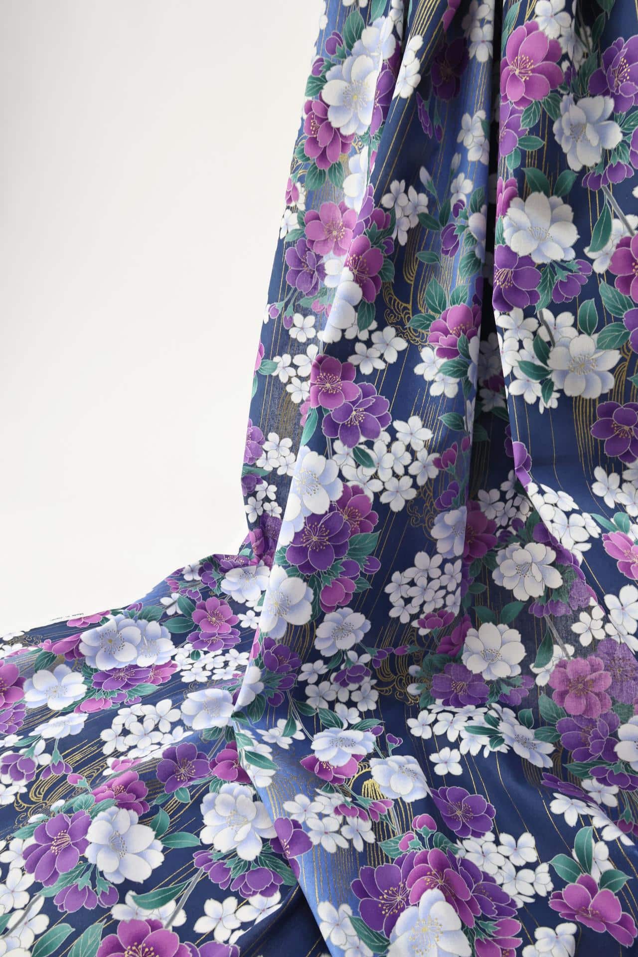 Japanese fabric golden sakura bouquets blue background