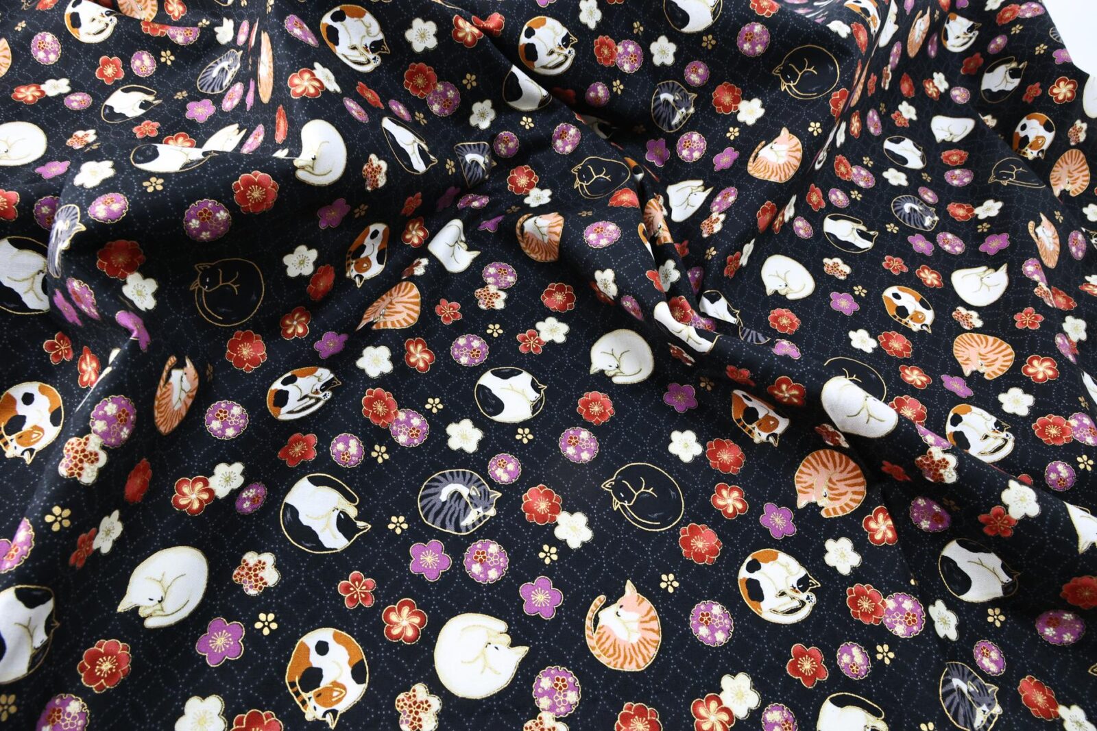 Japanese fabric sleeping cats and Ume black background