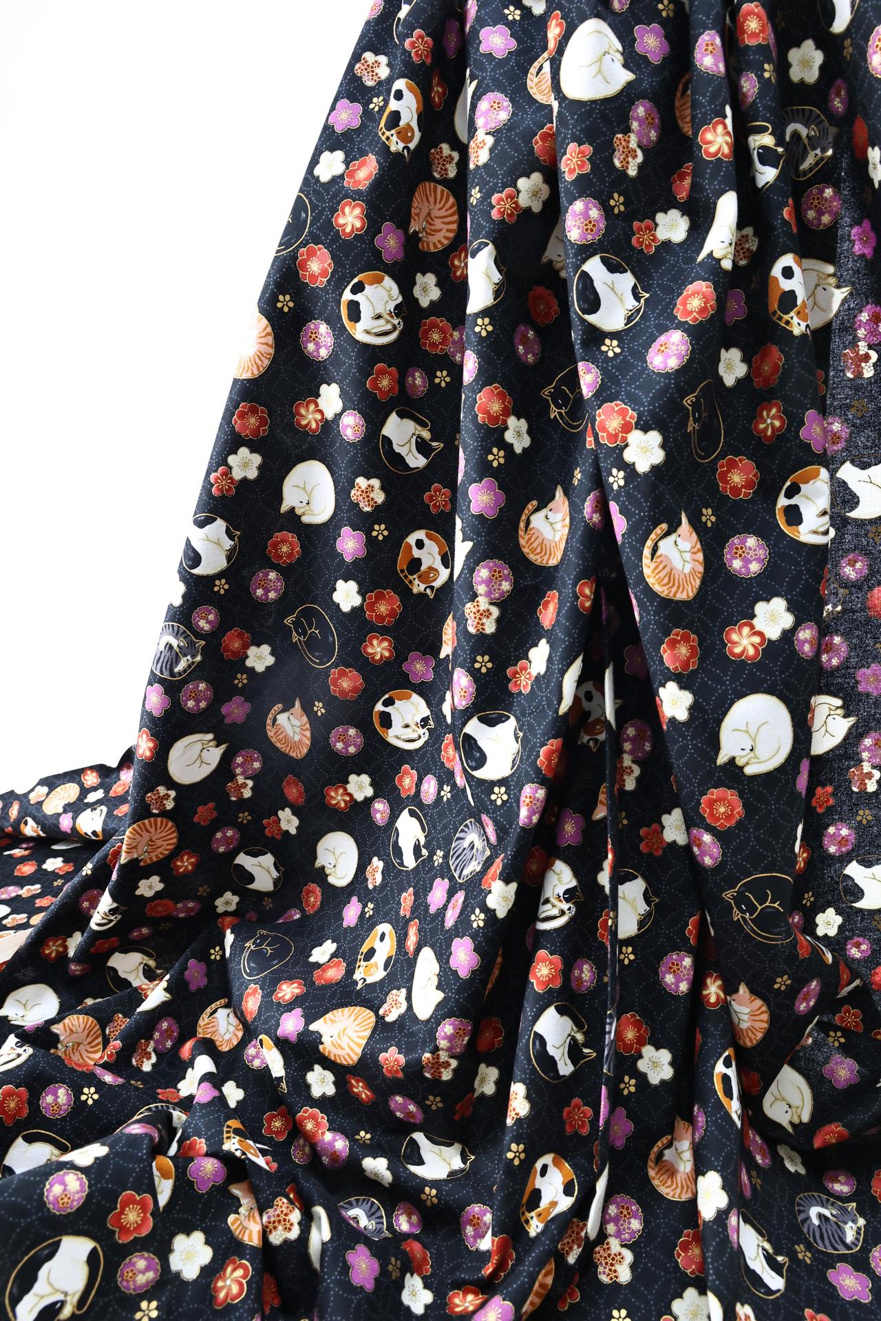 Japanese fabric sleeping cats and Ume black background
