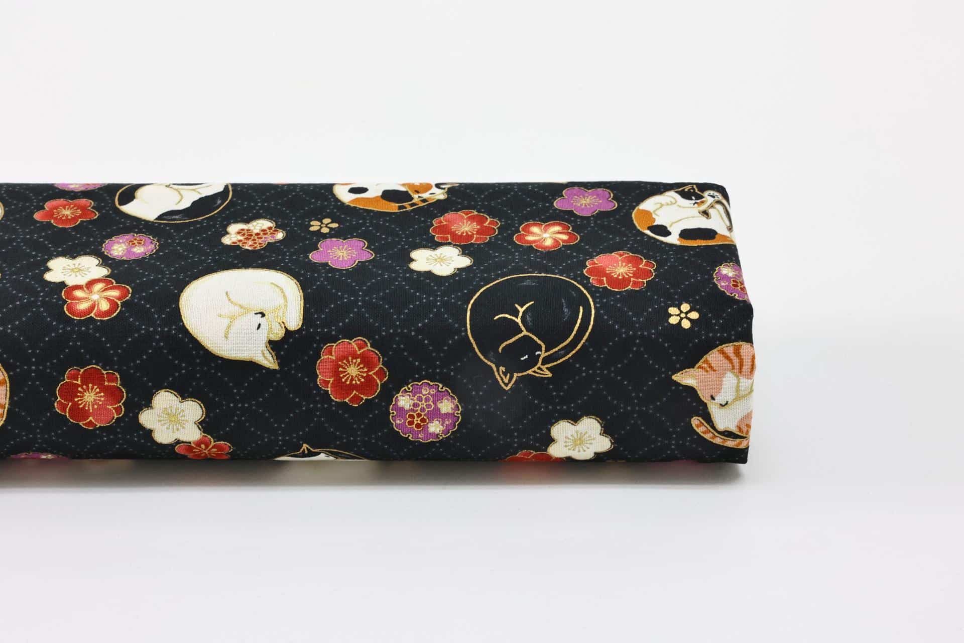 Japanese fabric sleeping cats and Ume black background