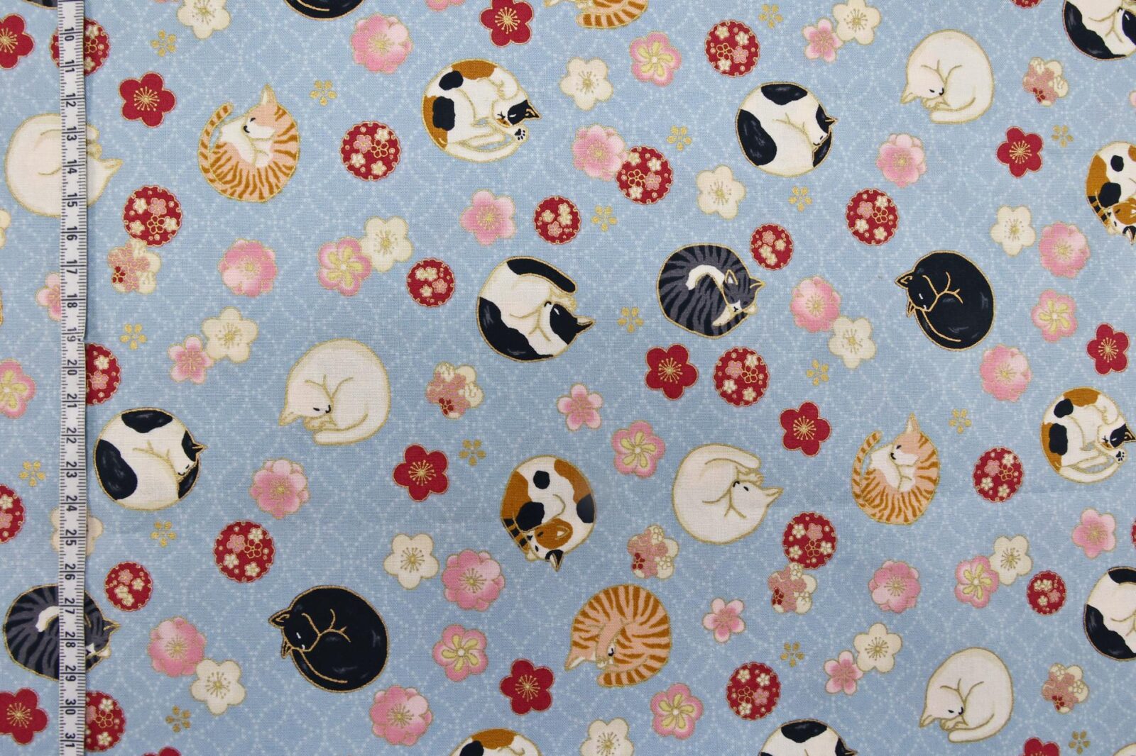 Japanese fabric sleeping cats and Ume blue background