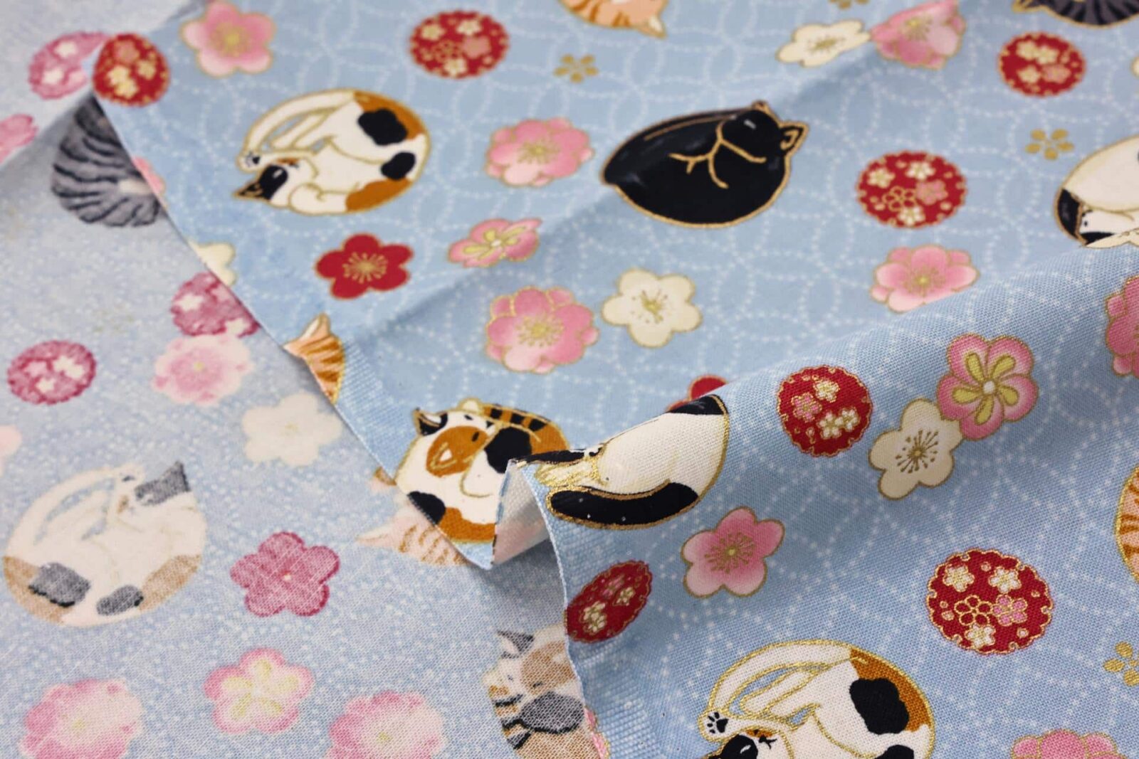 Japanese fabric sleeping cats and Ume blue background