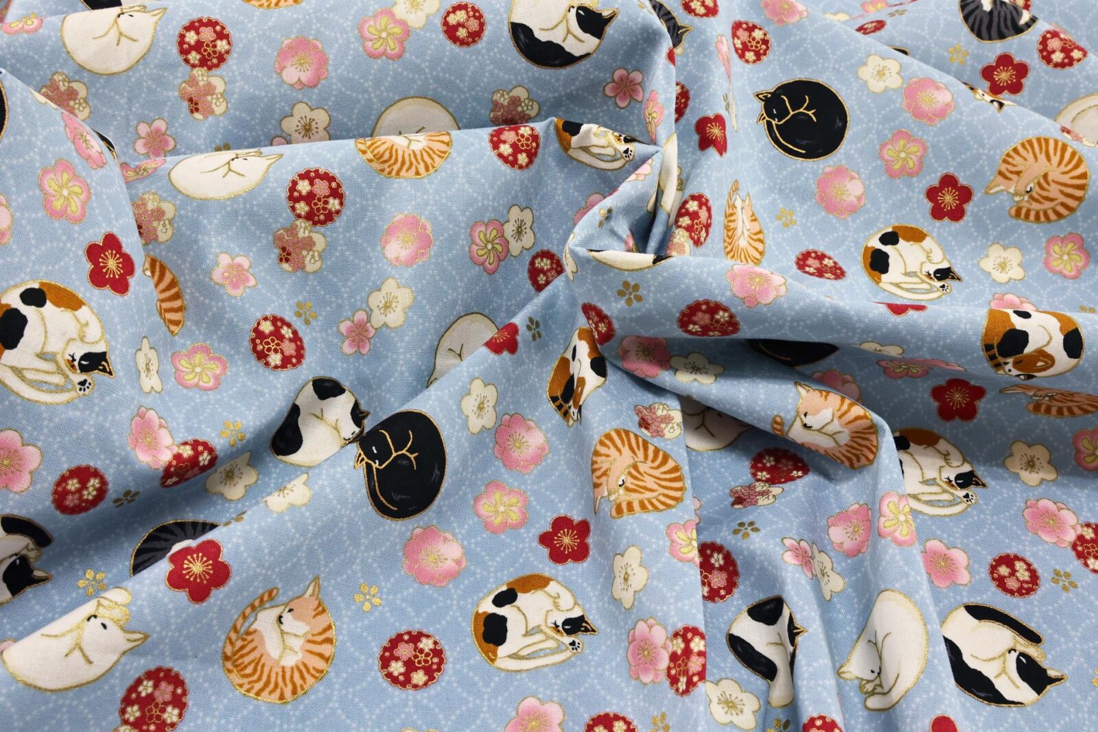 Japanese fabric sleeping cats and Ume blue background
