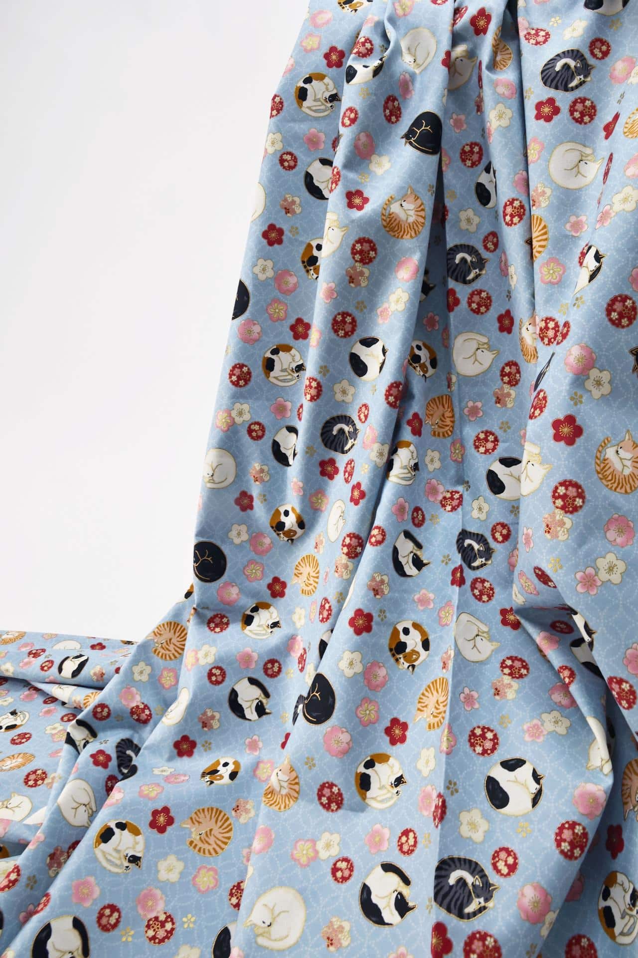 Japanese fabric sleeping cats and Ume blue background