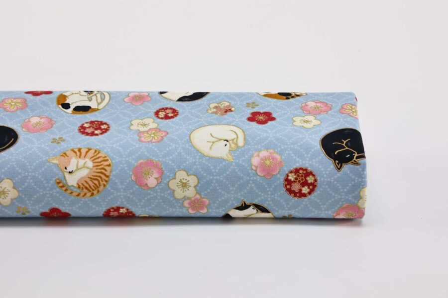 Japanese fabric sleeping cats and Ume blue background