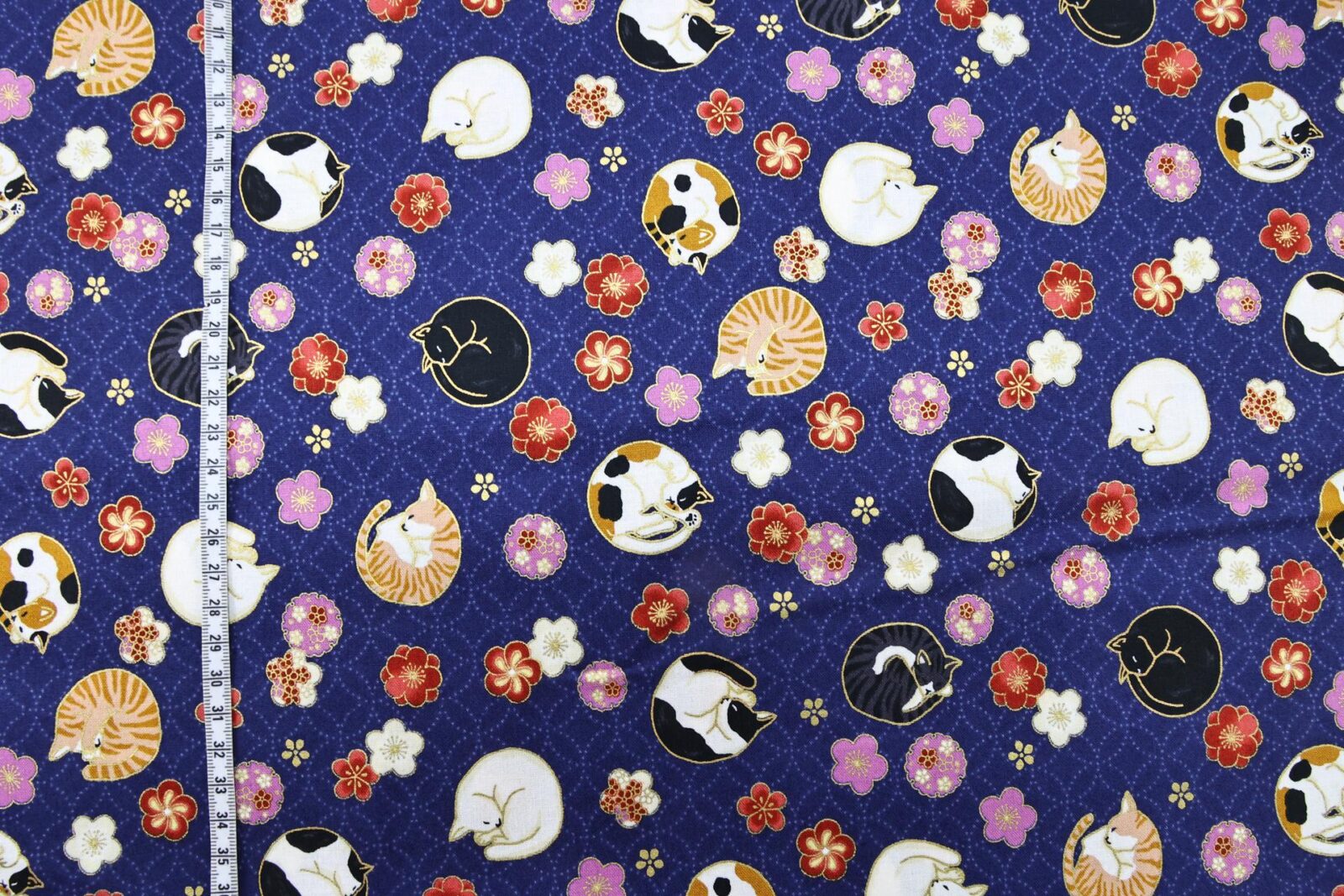Japanese fabric sleeping cats and Ume navy blue background
