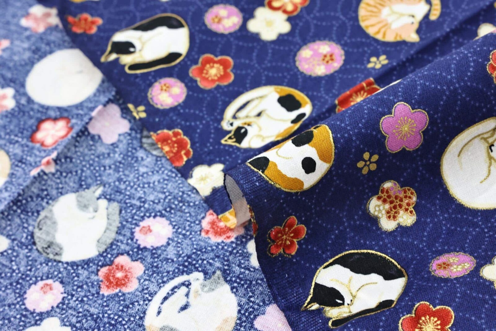 Japanese fabric sleeping cats and Ume navy blue background