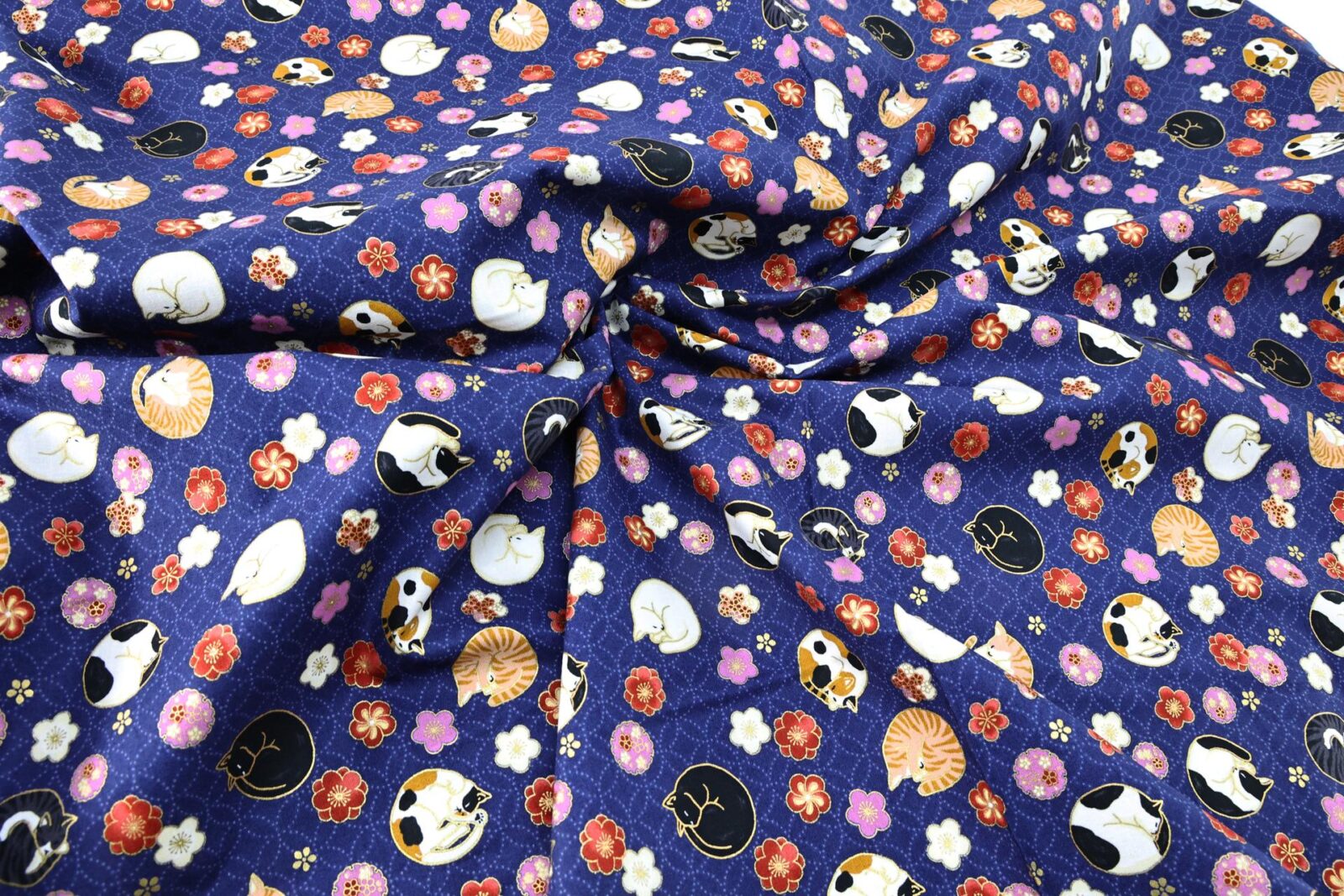Japanese fabric sleeping cats and Ume navy blue background