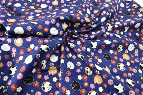 Japanese fabric sleeping cats and Ume navy blue background