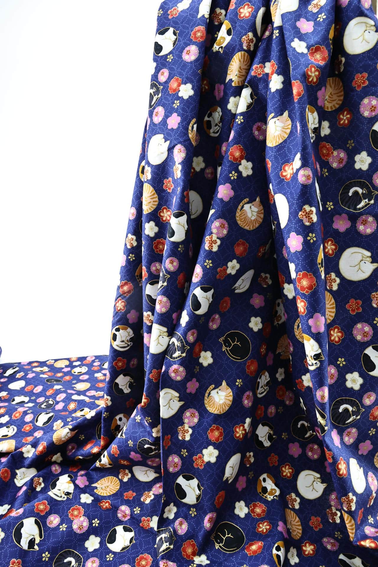 Japanese fabric sleeping cats and Ume navy blue background