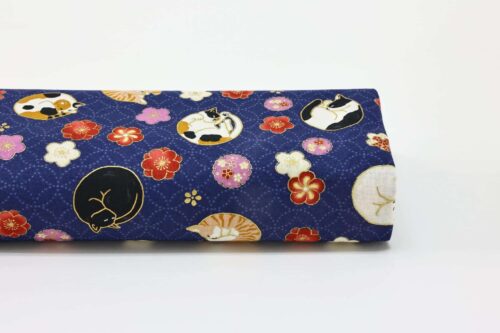Japanese fabric sleeping cats and Ume navy blue background