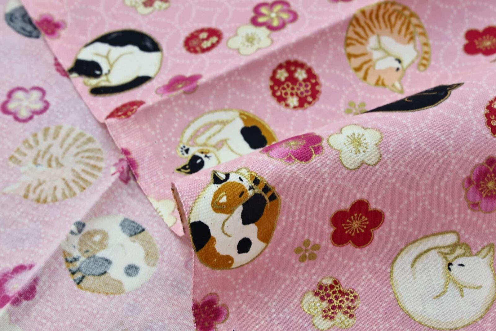 Japanese fabric sleeping cats and Ume pink background