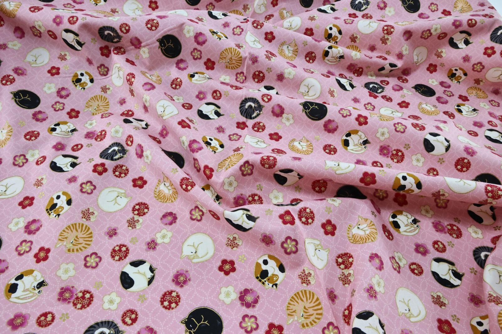 Japanese fabric sleeping cats and Ume pink background