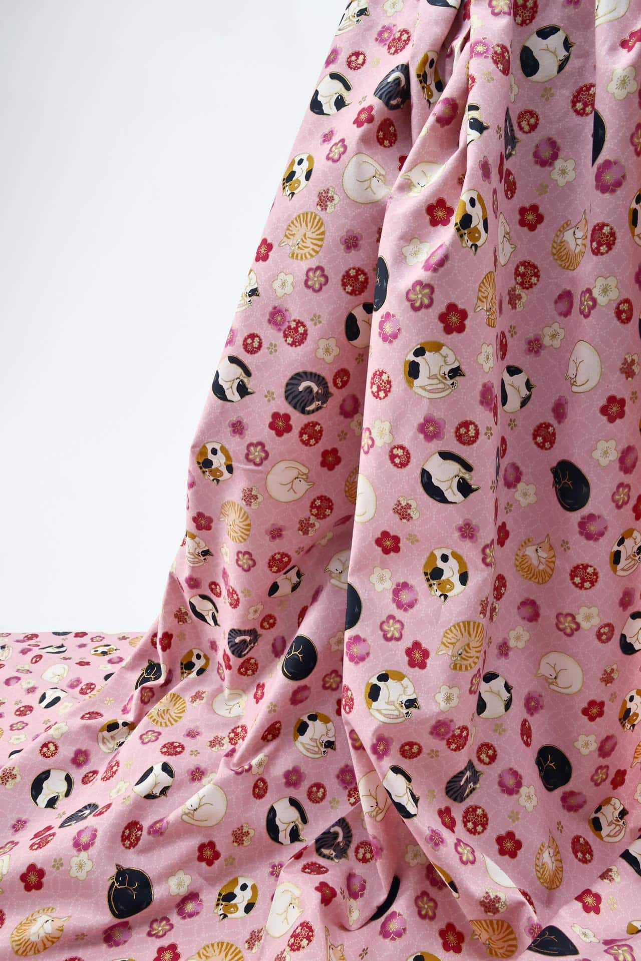 Japanese fabric sleeping cats and Ume pink background