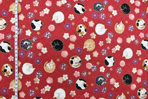 Japanese fabric sleeping cats and Ume red background